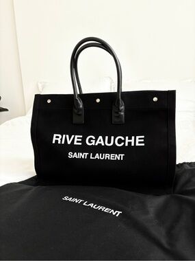 100%Authentic Saint Laurent Rive Gauche Black Canvas Tote Bag large